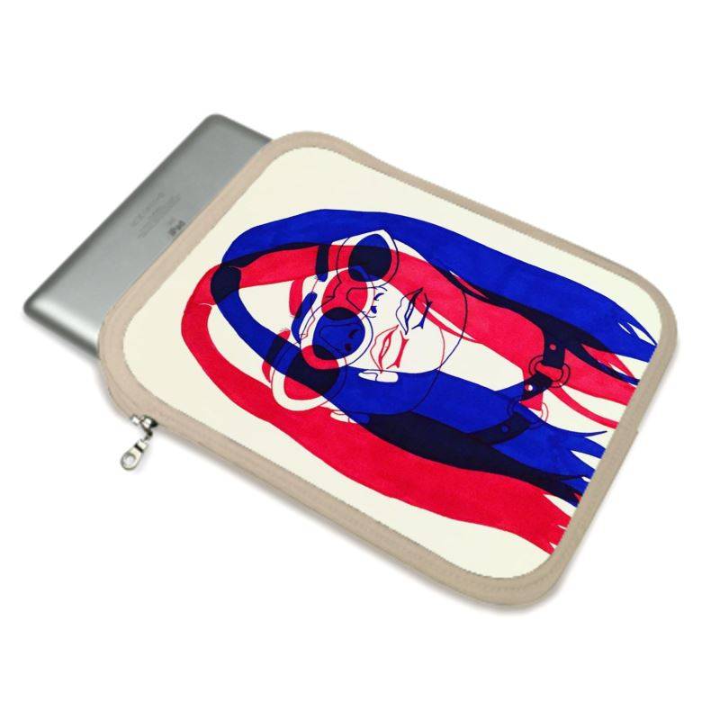 Chromatic - Premium neopren iPad protection handmade to order featuring bold red and blue abstract art of a woman with sunglasses. Stylish iPad slip case for office supplies.