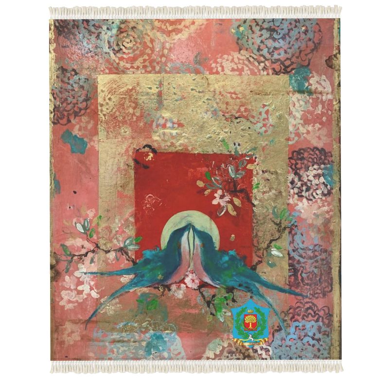 The Rug features abstract artwork in reds, golds, and blues with floral motifs and textured patterns. Two stylized birds face each other among circles and shapes. A fringed border adds elegance, while the heavyweight velvet finish provides an anti-slip base for functionality.