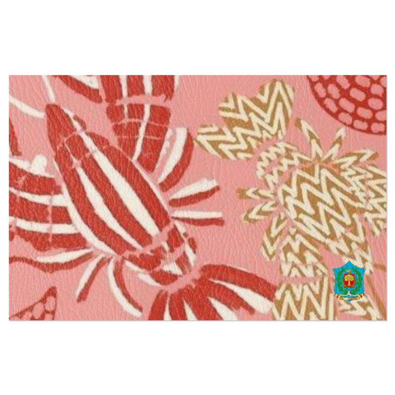 The handmade-to-order FeelGood Breakfast pattern showcases abstract, stylized insects in red, white, and beige on a pink backdrop. With stripes and zigzags, it's ideal for designer placemats. A small colorful emblem enhances the uniqueness of your breakfast table setting.
