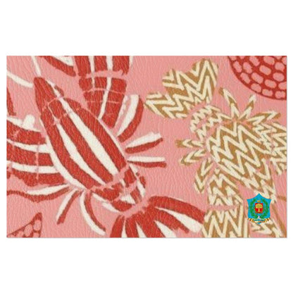 The handmade-to-order FeelGood Breakfast pattern showcases abstract, stylized insects in red, white, and beige on a pink backdrop. With stripes and zigzags, it's ideal for designer placemats. A small colorful emblem enhances the uniqueness of your breakfast table setting.
