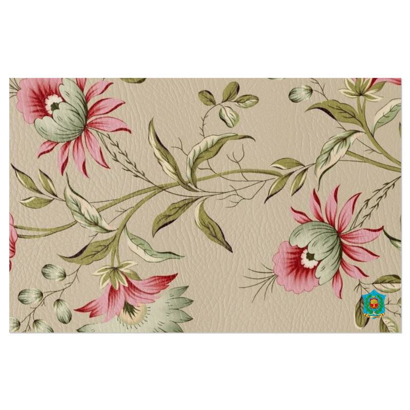 The FeelGood Breakfast placemat features a vintage tapestry look with a beige background and large pink and green floral patterns. Handmade to order, it includes a small colorful shield emblem in the bottom right corner, perfect for enhancing your breakfast experience.