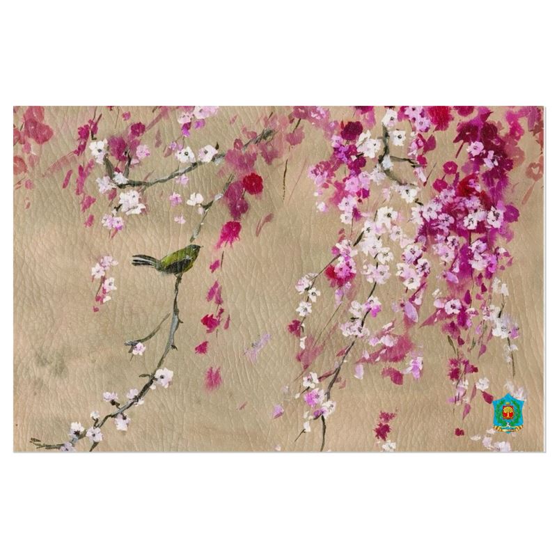 The FeelGood Breakfast placemats feature a watercolor design of delicate pink and white cherry blossoms with a small green bird, set against a textured beige backdrop. These handcrafted, made-to-order placemats beautifully highlight the vibrant floral hues.
