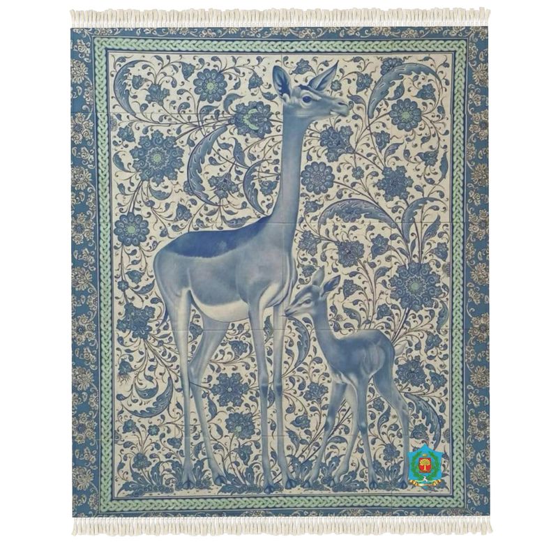 A detailed tapestry, similar to a handmade "Rug," showcases two stylized blue deer amid intricate florals. The border has a repeating pattern reminiscent of skilled rug design, with a small colorful emblem in the bottom right corner.
