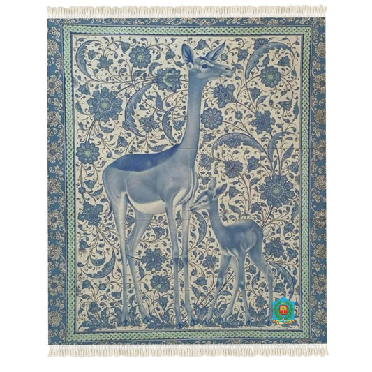 A detailed tapestry, similar to a handmade "Rug," showcases two stylized blue deer amid intricate florals. The border has a repeating pattern reminiscent of skilled rug design, with a small colorful emblem in the bottom right corner.