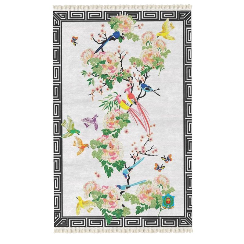 The handmade Rug features a black geometric border adorned with colorful birds and intricate flowers in pink, green, and yellow on a light background, offering a velvet-like texture for added luxury.