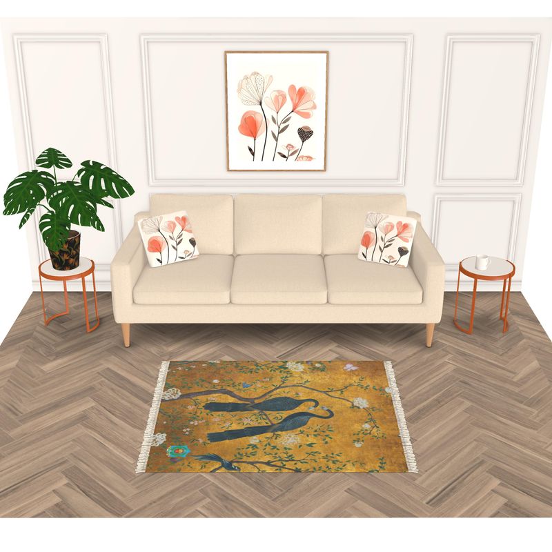 A minimalist living room centers around a beige sofa with floral cushions. A velvet rug with bird motifs and an anti-slip base covers the herringbone parquet floor. A round side table and a large plant enhance the décor, while floral artwork adorns the wall.