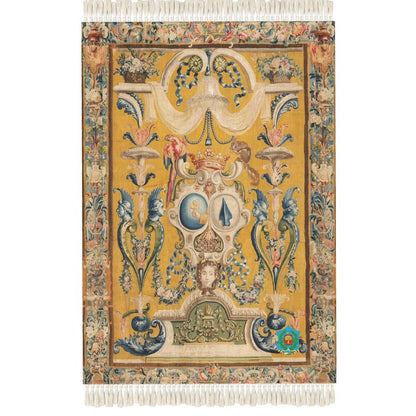 The Rug is a heavyweight velvet tapestry featuring intricate patterns on a golden background. Central designs include a face, celestial symbols, and floral motifs, all framed with detailed blue and red embellishments.