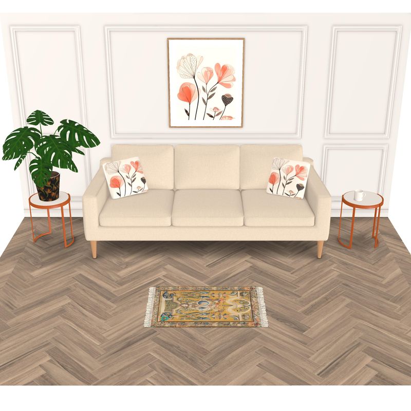A minimalist living room features a beige sofa with floral cushions, floral artwork above, and light wood herringbone flooring. Two round side tables accompany the sofa, enhanced by a luxurious heavyweight velvet Rug with an anti-slip latex sponge base for comfort and style.