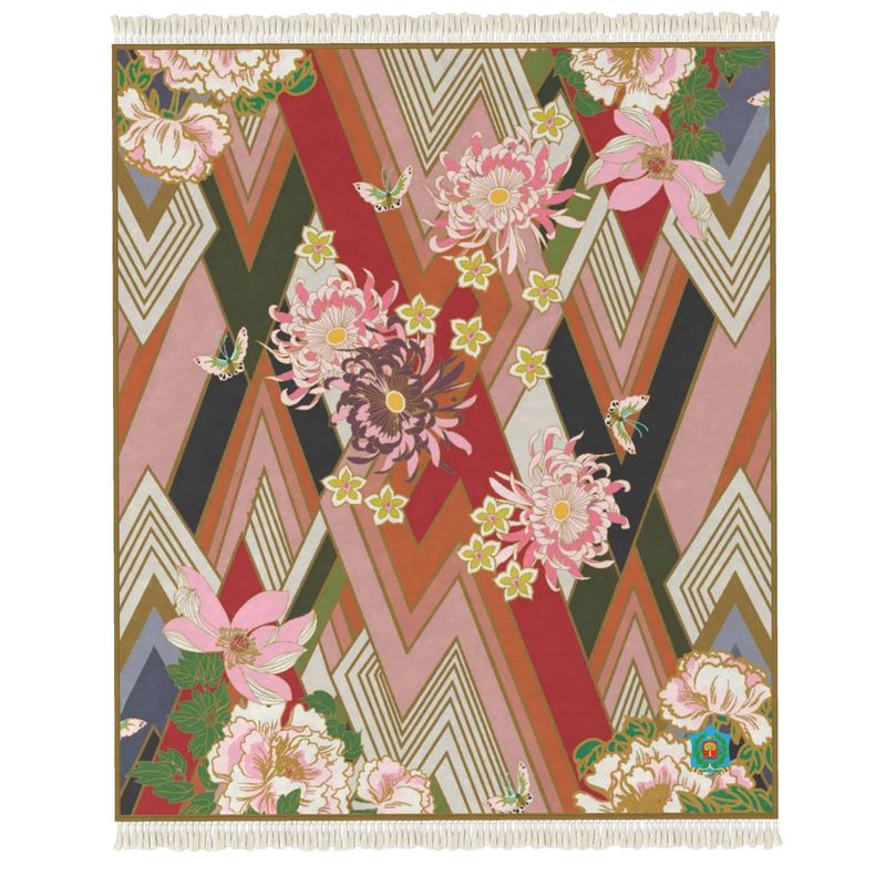 This handmade Rug features a geometric chevron pattern in red, pink, and brown tones. Accentuated with floral designs and butterflies, it's crafted from velvet and elegantly bordered with fringe detailing on the top and bottom edges.