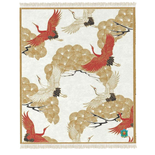 A designer rug showcasing red and gold cranes soaring on a white background, adorned with stylized gold pine branches. The fringed edge mirrors the craftsmanship of a handmade piece.