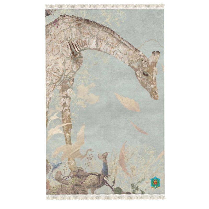 A beautifully designed rug features an artistic depiction of a giraffe bending toward a peacock and other birds against a textured, dreamy background, crafted on heavyweight velvet with soft pastels and intricate details for whimsy and elegance.