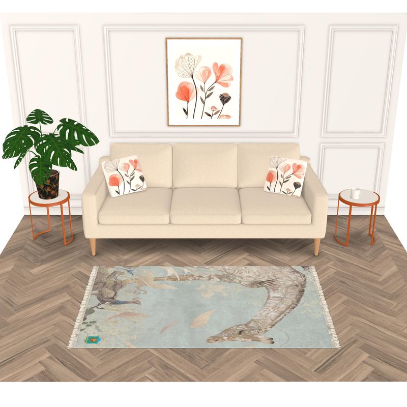 A beige sofa with floral cushions sits against a white-paneled wall, complemented by flower-themed artwork above. On the left is a plant, with round side tables at each end of the sofa. A designer heavyweight velvet rug beautifully covers the herringbone floor.
