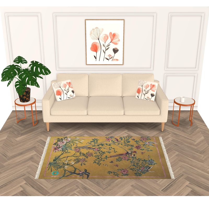 A modern living room features a beige sofa with floral cushions, framed flower artwork, and a colorful floral rug by Rug. A green plant adorns the left side table, and a small round table is on the right. The elegant herringbone wood floor completes the look.