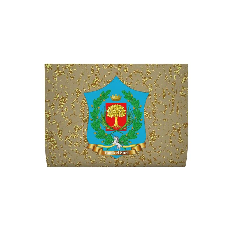 The Floris cushion features a shield-shaped blue emblem with a red center and a yellow tree crowned by green branches, plus a white bird design. It comes with luxury duck feather filling and is set against a textured golden background.