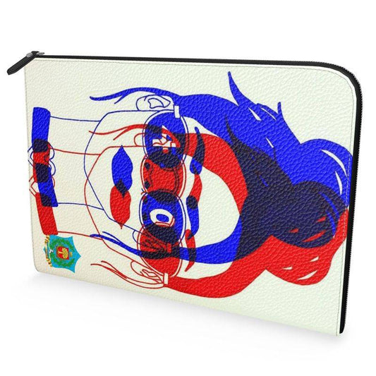 Chromatic premium neopren laptop protection handmade to order featuring bold red and blue abstract face design on white leather document case.