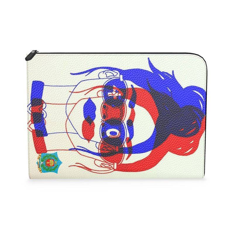 Chromatic premium neopren laptop protection handmade to order featuring bold red and blue abstract face design on white leather document case.