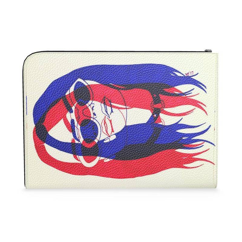 Chromatic premium neopren laptop protection handmade to order featuring bold red and blue abstract face design on white leather document case.