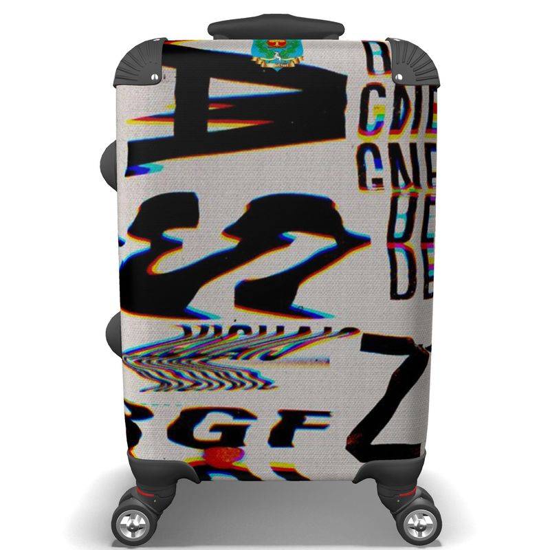 ChromaticSuitcase designer suitcase with bold, glitch-style typography print on hard shell. Stylish and durable for modern travel needs.