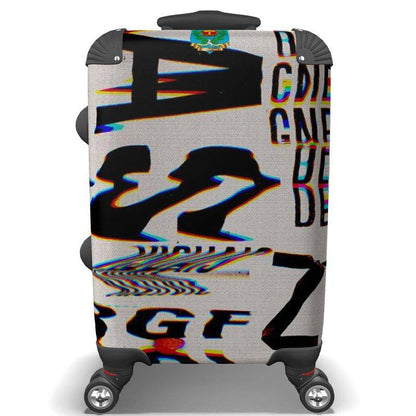 ChromaticSuitcase designer suitcase with bold, glitch-style typography print on hard shell. Stylish and durable for modern travel needs.