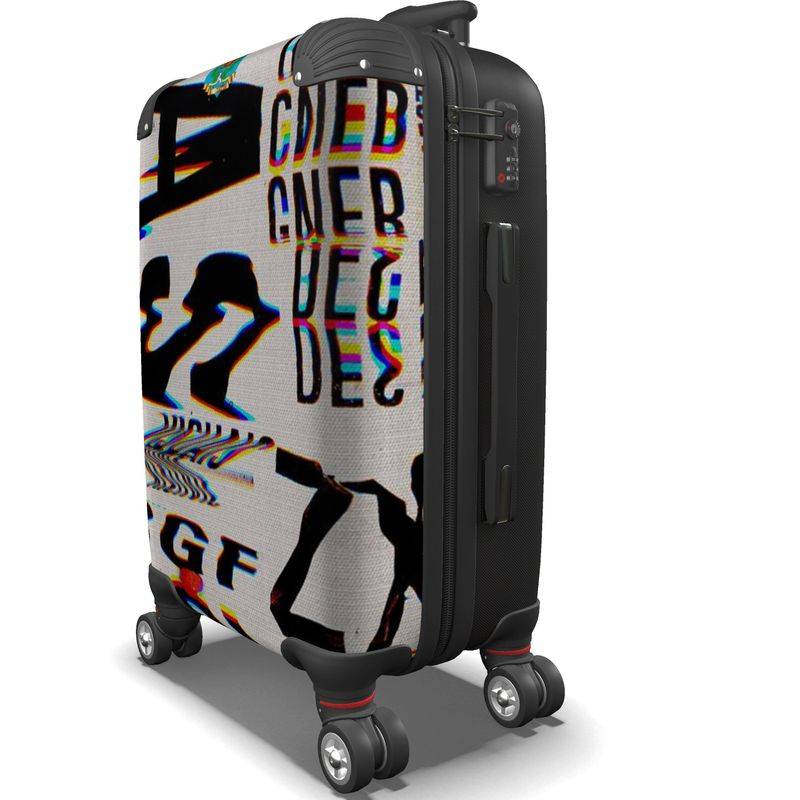 ChromaticSuitcase designer suitcase with bold, glitch-style typography print on hard shell. Stylish and durable for modern travel needs.