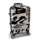 ChromaticSuitcase designer suitcase with bold, glitch-style typography print on hard shell. Stylish and durable for modern travel needs.