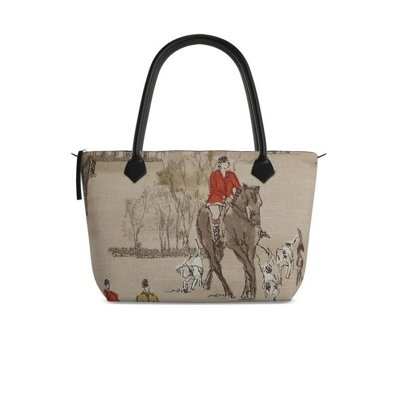 Dressage - Premium handcrafted genuine leather tote bag with zipper featuring equestrian hunt scene print and black leather handles.
