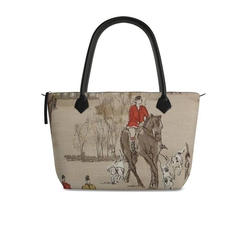 Dressage - Premium handcrafted genuine leather tote bag with zipper featuring equestrian scene print and black leather handles. Ideal for stylish outings.