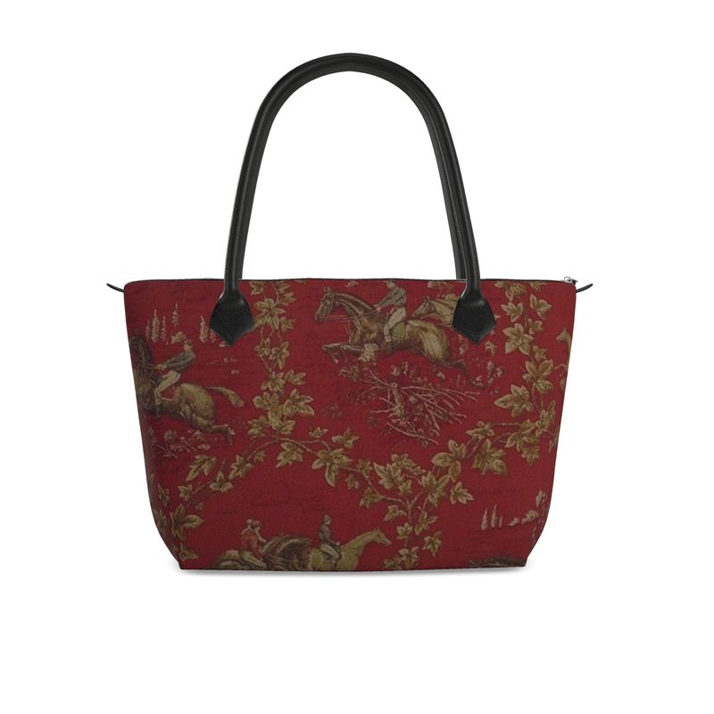 Dressage - Premium handcrafted genuine leather tote bag with zipper in deep red featuring equestrian-themed tapestry design and black leather handles.