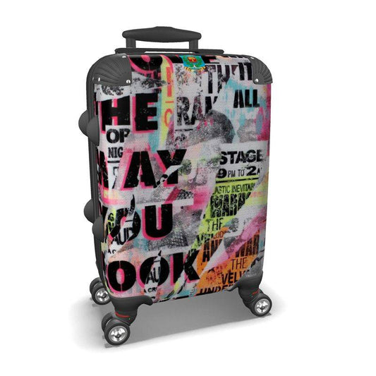 Journalism PopArt premium hard shell designer suitcase with wheels featuring bold graffiti-style text design. Handmade carry-on luggage for stylish travel.