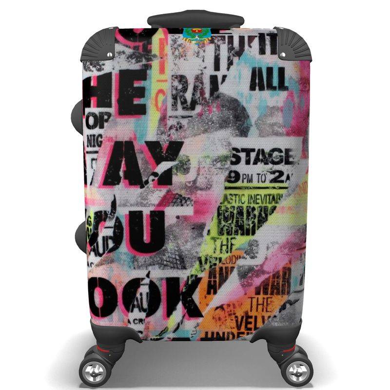 Journalism PopArt premium hard shell designer suitcase with wheels featuring bold graffiti-style text design. Handmade carry-on luggage for stylish travel.