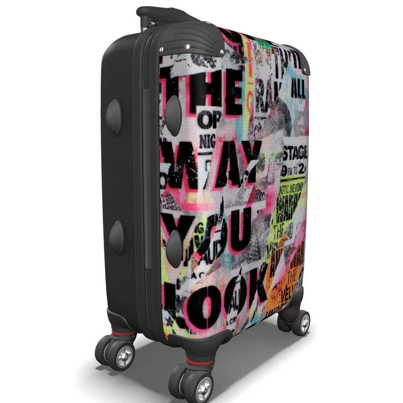 Journalism PopArt premium hard shell designer suitcase with wheels featuring bold graffiti-style text design. Handmade carry-on luggage for stylish travel.