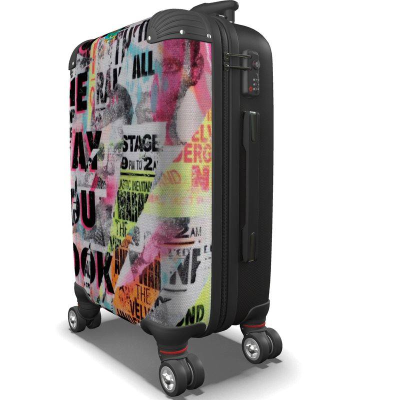 Journalism PopArt premium hard shell designer suitcase with wheels featuring bold graffiti-style text design. Handmade carry-on luggage for stylish travel.