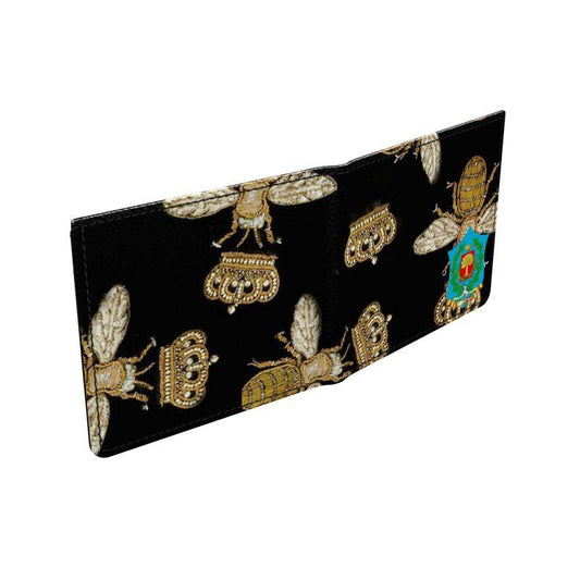 Honey - Premium genuine leather wallet handmade to order featuring embroidered gold bees and crowns on black leather, ideal for stylish men.