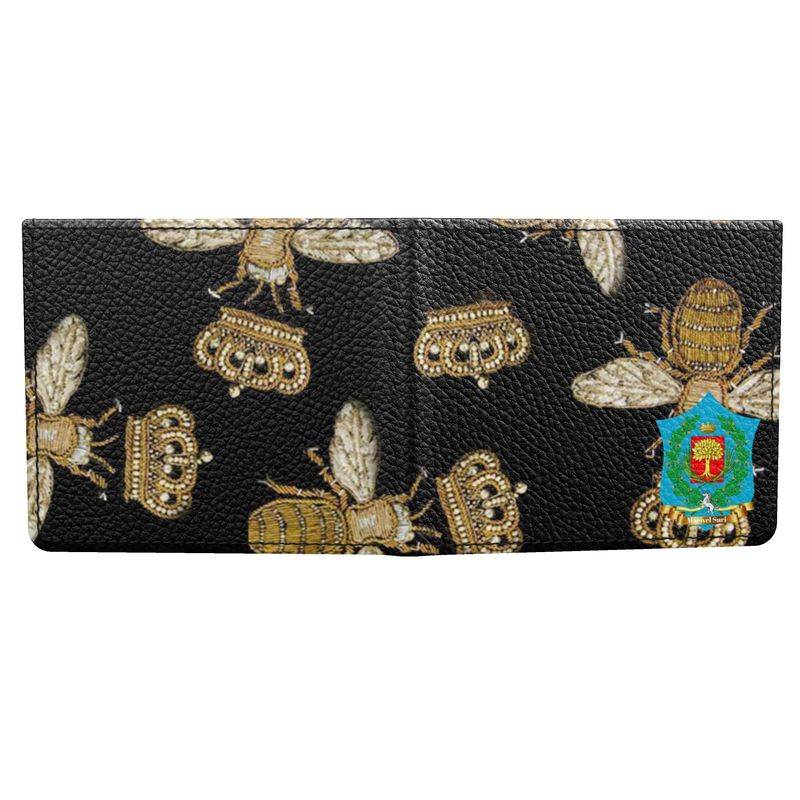 Honey - Premium genuine leather wallet handmade to order featuring gold bee and crown motifs on black leather, ideal for stylish men's accessories.