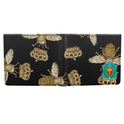 Honey - Premium genuine leather wallet handmade to order featuring gold bee and crown motifs on black leather, ideal for stylish men's accessories.