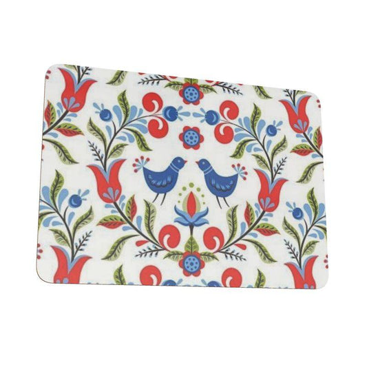 Lullaby of Birdland - Designer Fabric Placemats – Handmade Table Mats in Linen featuring blue birds and red floral motifs on white background. | MBOSS.US