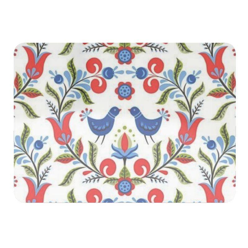 Lullaby of Birdland - Designer Fabric Placemats – Handmade Table Mats in Linen featuring blue birds and red floral motifs on white background. | MBOSS.US
