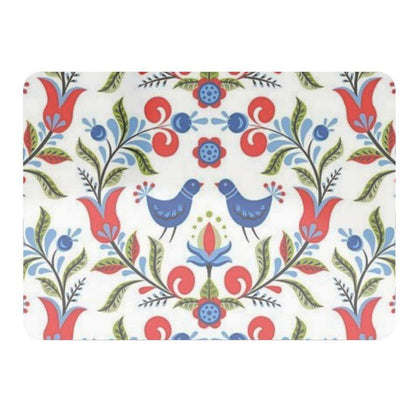 Lullaby of Birdland - Designer Fabric Placemats – Handmade Table Mats in Linen featuring blue birds and red floral motifs on white background. | MBOSS.US