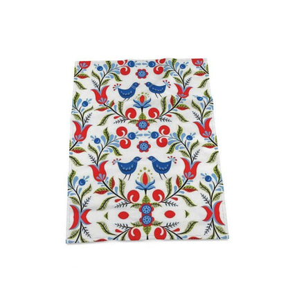 Lullaby - Premium oversized kitchen tea towel handmade to order featuring a vibrant folk art bird and floral pattern in red, blue, and green tones. A stylish and functional kitchen essential.