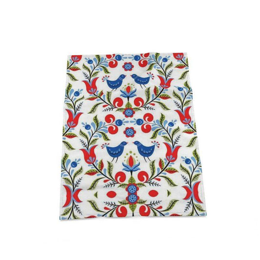 Lullaby - Premium oversized kitchen tea towel handmade to order featuring a vibrant folk art bird and floral pattern in red, blue, and green tones. A stylish and functional kitchen essential.
