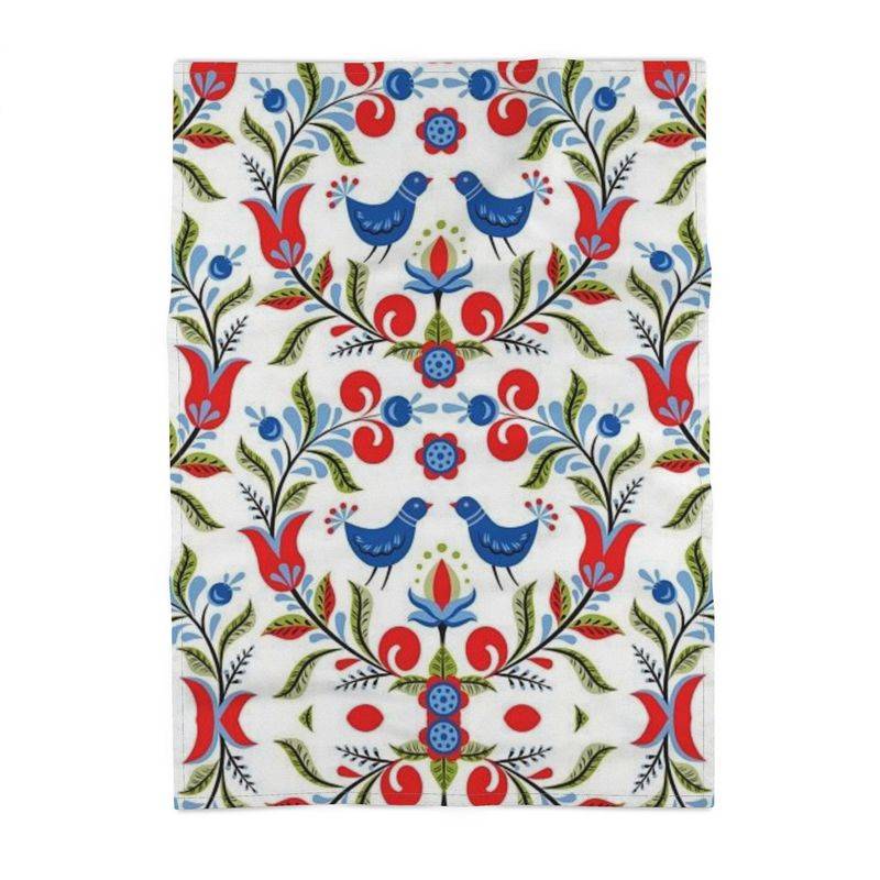 Lullaby - Premium oversized kitchen tea towel handmade to order featuring a vibrant folk art design with blue birds, red flowers, and green leaves.