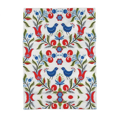 Lullaby - Premium oversized kitchen tea towel handmade to order featuring a vibrant folk art design with blue birds, red flowers, and green leaves.