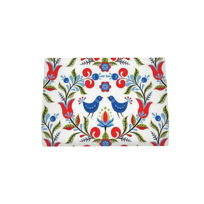 Lullaby - Premium oversized kitchen tea towel handmade to order featuring a vibrant folk art design with blue birds, red flowers, and green leaves.